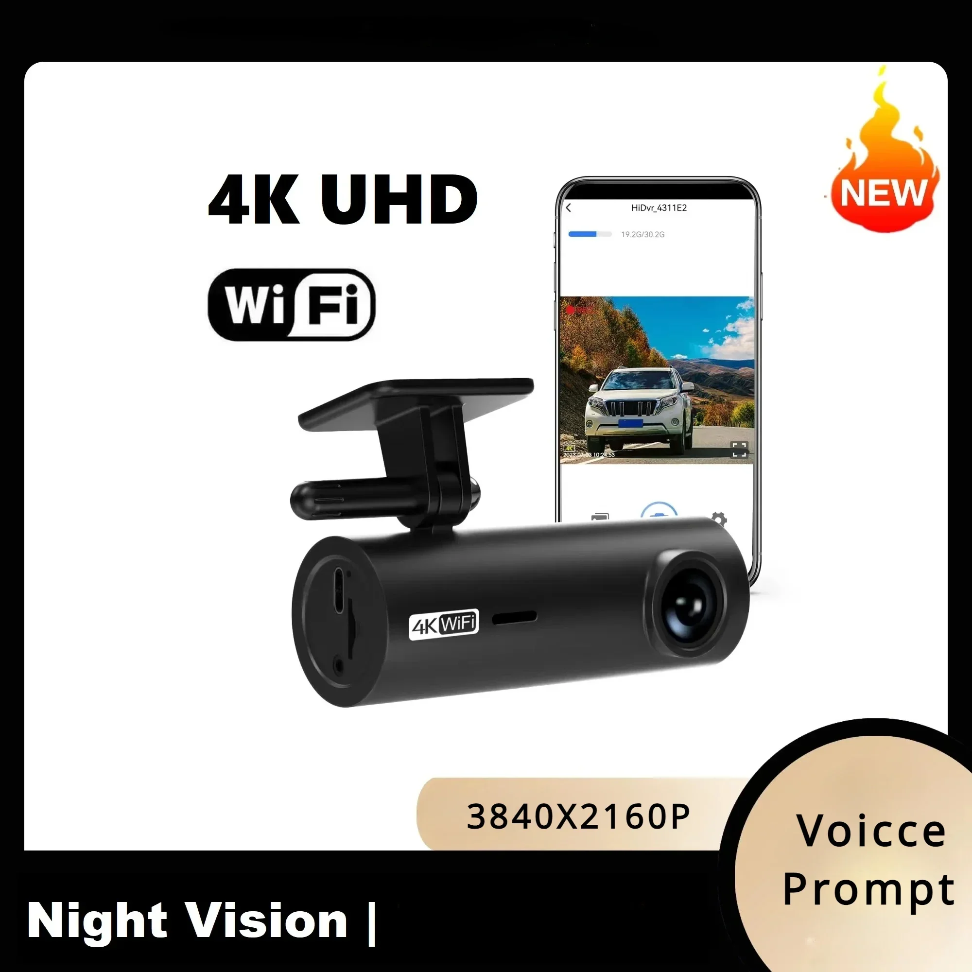 

App Control Car Camera Dvr Record Video Dash Cam Voice Prompt Black Box HD Night Vision G-Sensor Dashcam 4K with WIFI Parts