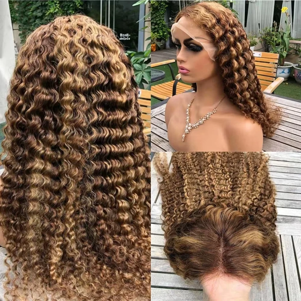 Deep Wave Human Hair Wig Highlight Ombre 4/27 Honey  Blonde 34 36 Inches 250 Density 5x5 13x4 HD Lace Front Wig For Black Women