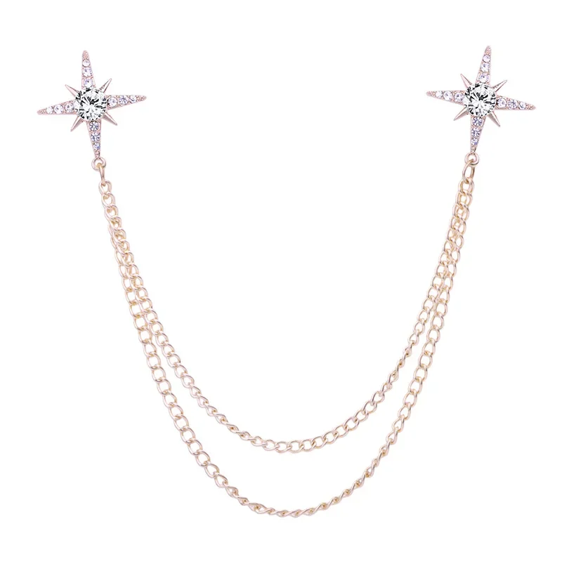 Korean Fashion Rhinestone Star Brooch Collar Pin for Men Women Shirt Tassel Chain Lapel Pins Decorative Jewelry Accessory