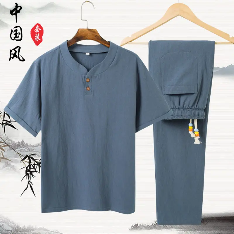 Linen Cotton T-shirt Men\'s Set Chinese Style Short Sleeve Sportswear +trousers 2 Piece Sets Summer Men Tracksuit Solid Suit