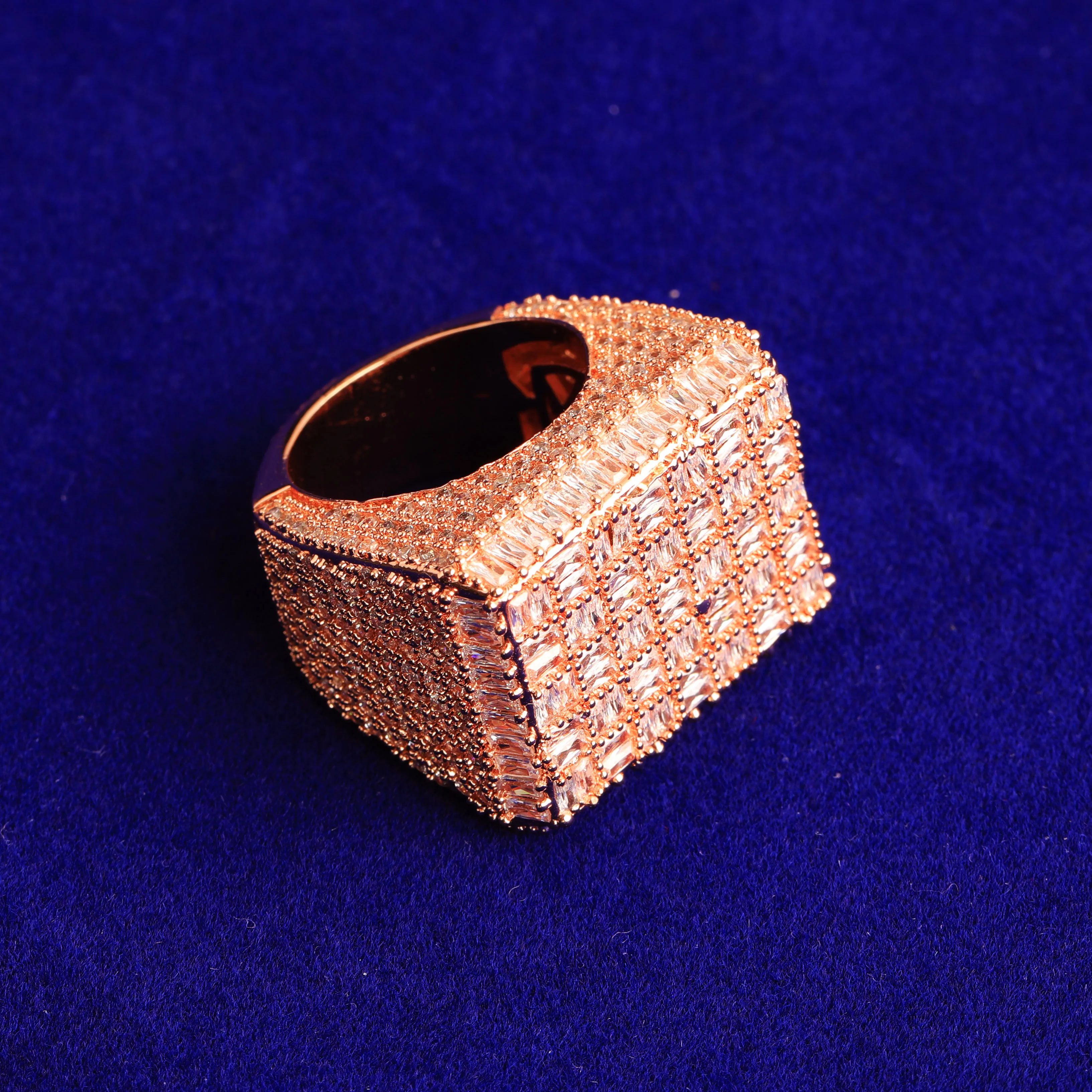 Aokaishen Rectangle Baguette Ring for Men Real Gold Plated Cubic Zirconia Hip Hop Jewelry