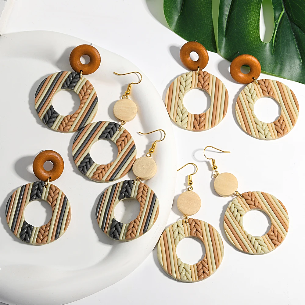 AENSOA Handmade Khaki Braided Wooden Round Polymer Clay Drop Earrings for Women Geometric Sweater Knit Pattern Earrings Jewelry