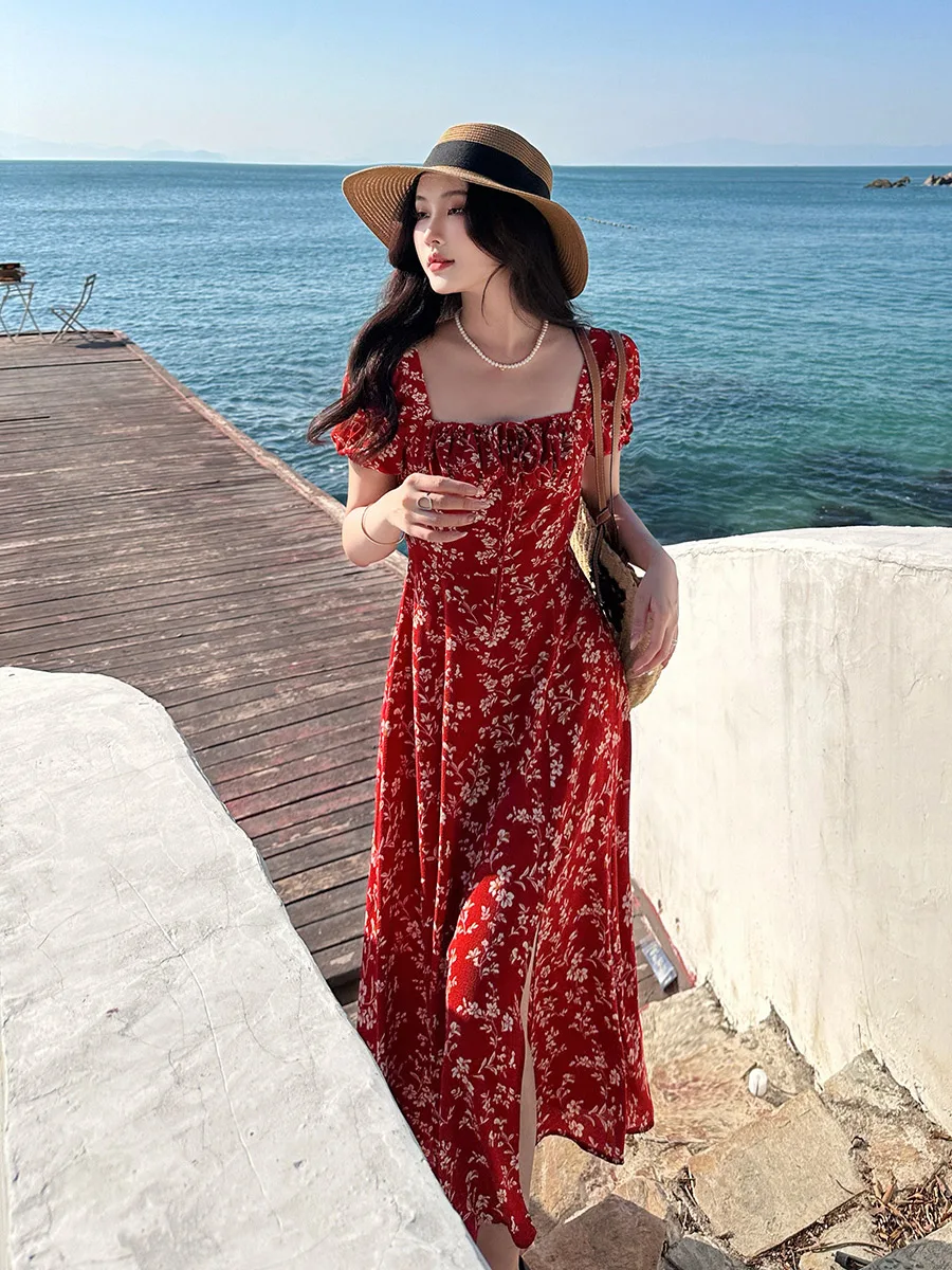 أزياء الصيف النساء الأزهار طباعة فستان الشاطئ عطلة فساتين ساحة الرقبة فستان الشمس قصيرة نفخة الأكمام إبقاء فستان سلم C179