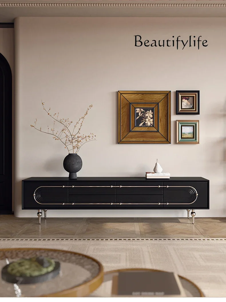 French retro solid wood TV cabinet floor-to-ceiling living room home medium and ancient style high-grade leather TV cabinet