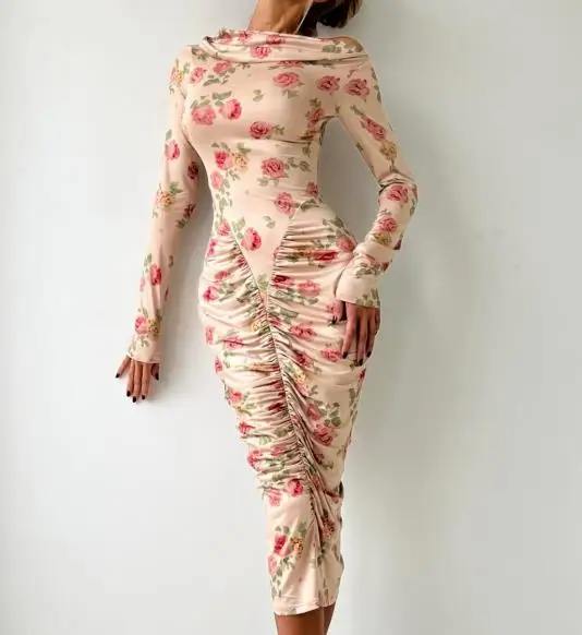 

New French Style Elegant Style Flower Print Swing Collar Design Cinched Waist Tight Fitting Pleats Hip Hugging Women's Dress