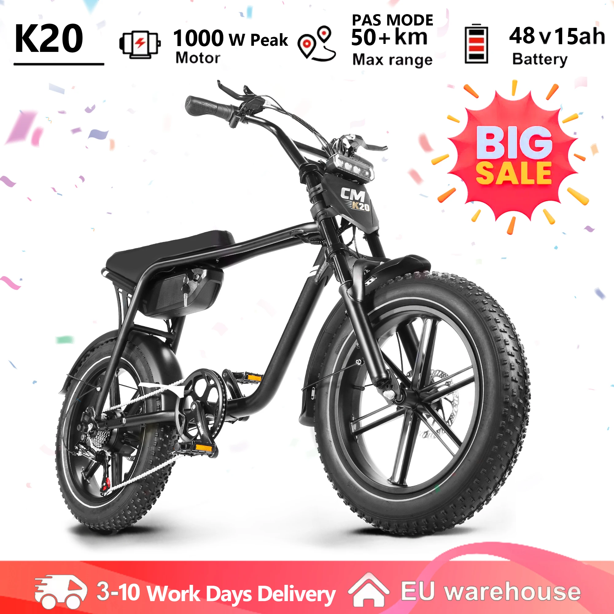 Vélo électrique CMACEWHEEL K20 eBIKE Peak 1000W, 48V15Ah, pneus larges, 20 pouces, VTT électrique pour adultes