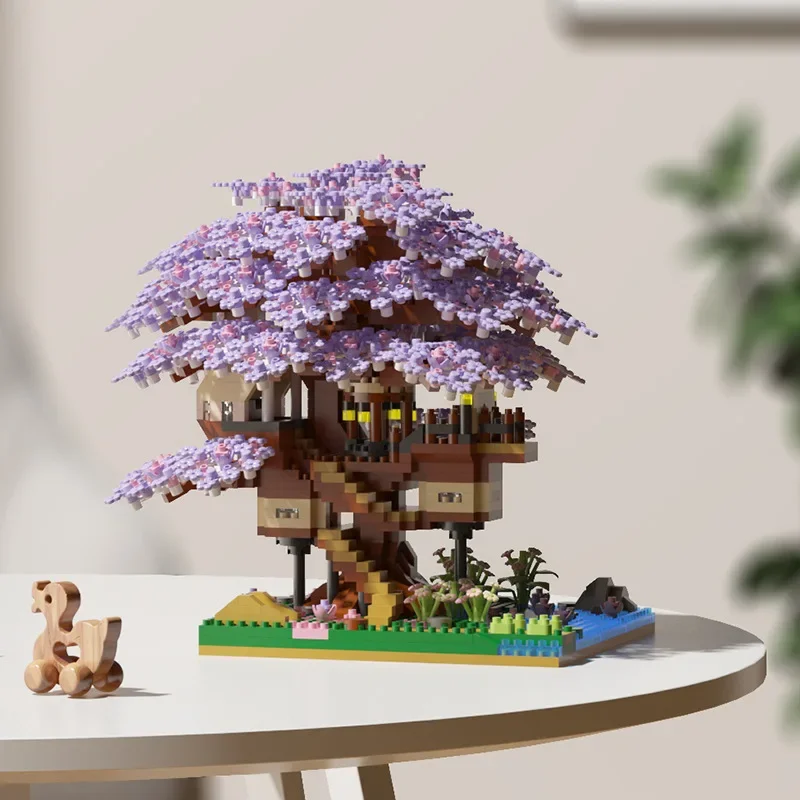 DIY Romantic Peach Flower Tree House Microparticle Building Blocks Simulated Building Assembly Model Toys For Kids Gifts