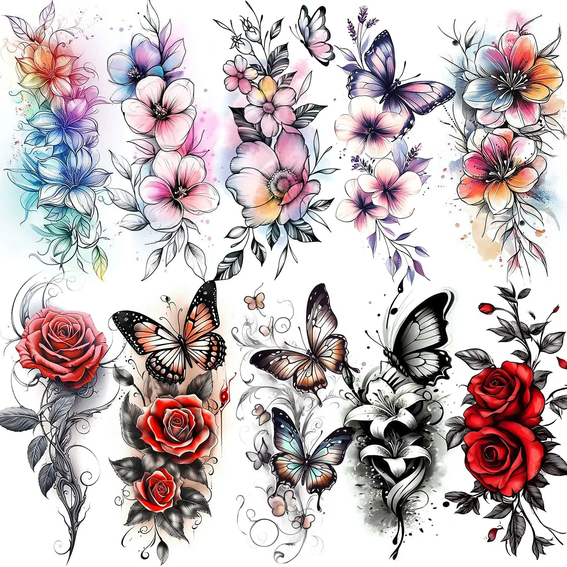 Colorful Butterfly Flower Water Transfer Tattoo Stickers Premium Durable Waterproof for Foot Hand Back Skin Safe