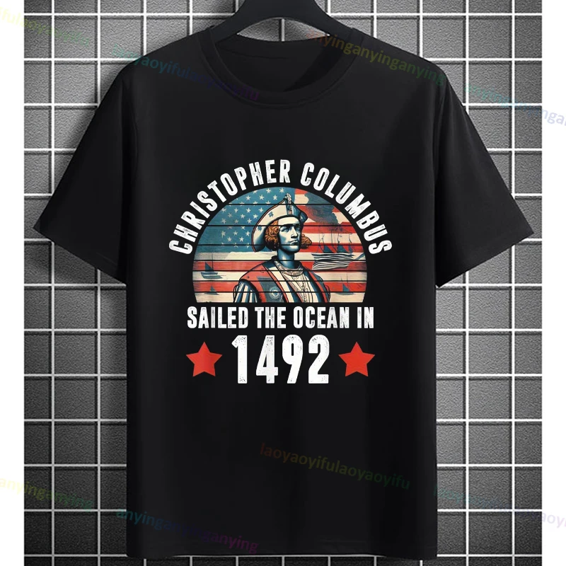Funny Historical Columbus Voyage Graphic T-shirt Pure Cotton Short Sleeve Crewneck Tee for History Buffs & Everyday Casual Wear