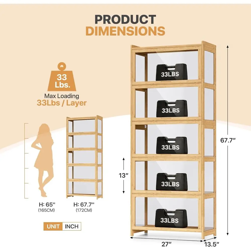 Display Cainet with Acrylic Do, 5-Tier Curio Cainet or Collectiles, 67.5Tall Display CaShowcaor Living Room, edroom, Natural