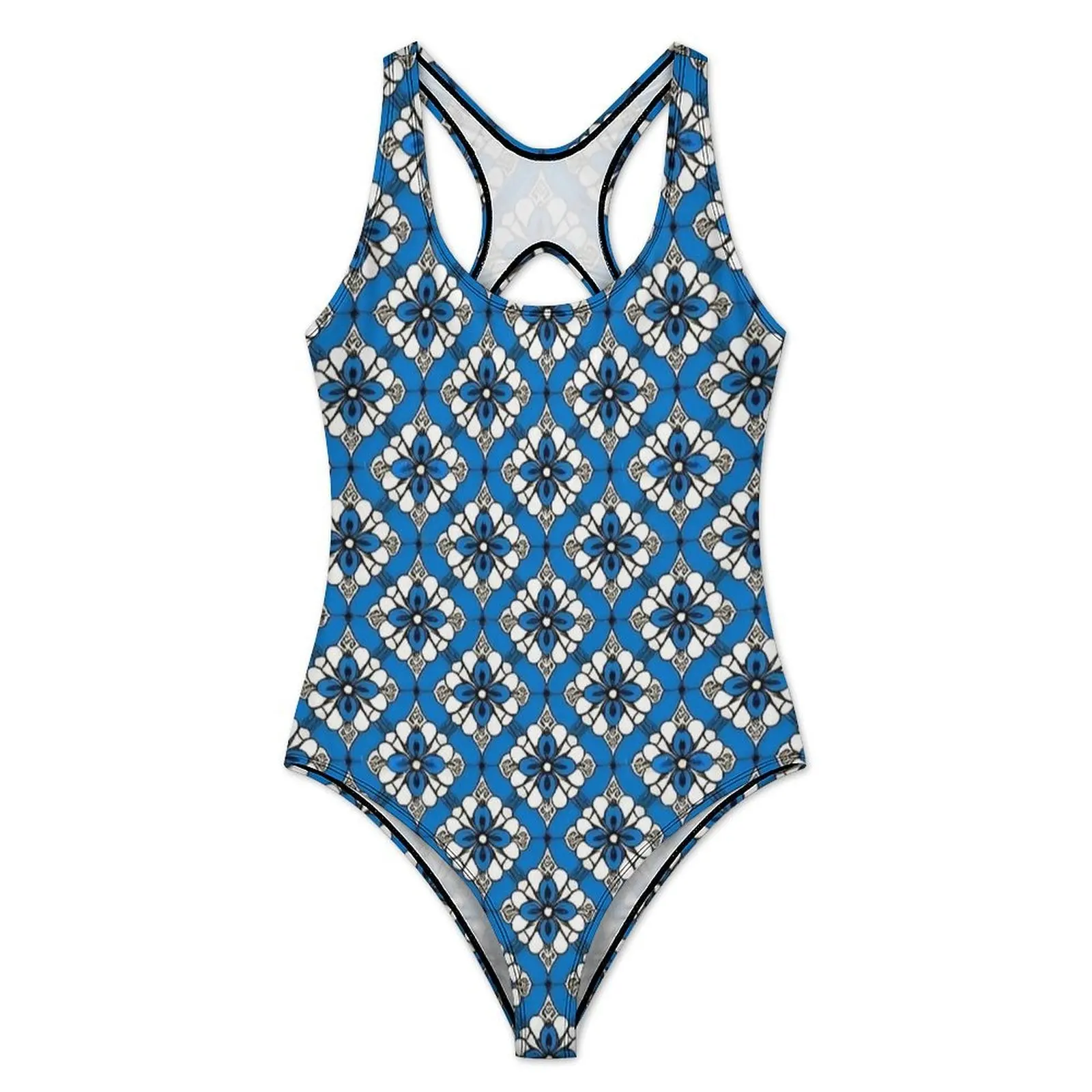 African Circles Blue Flowers Print Swimsuit Sexy  One-Piece Swimwear Push Up Swimsuits Trendy Sport Bathing Suit