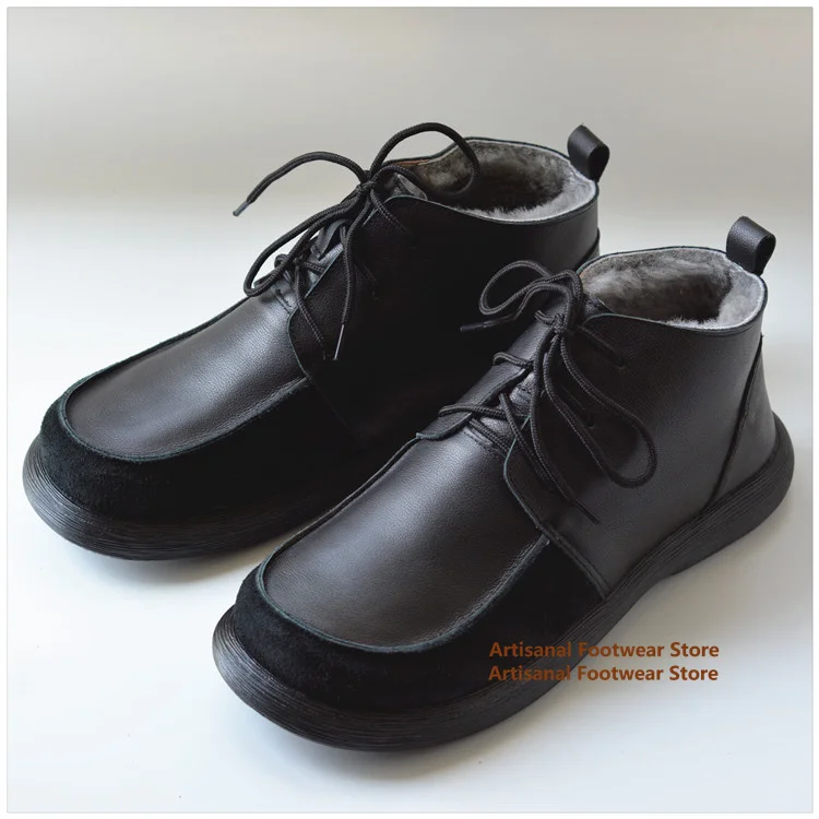 

Pure Wool Wide Round Toe Snow Boots for Men Men's Genuine Leather Soft Leather Soft Sole Casual Cotton Shoes Handmade Men's Shoe