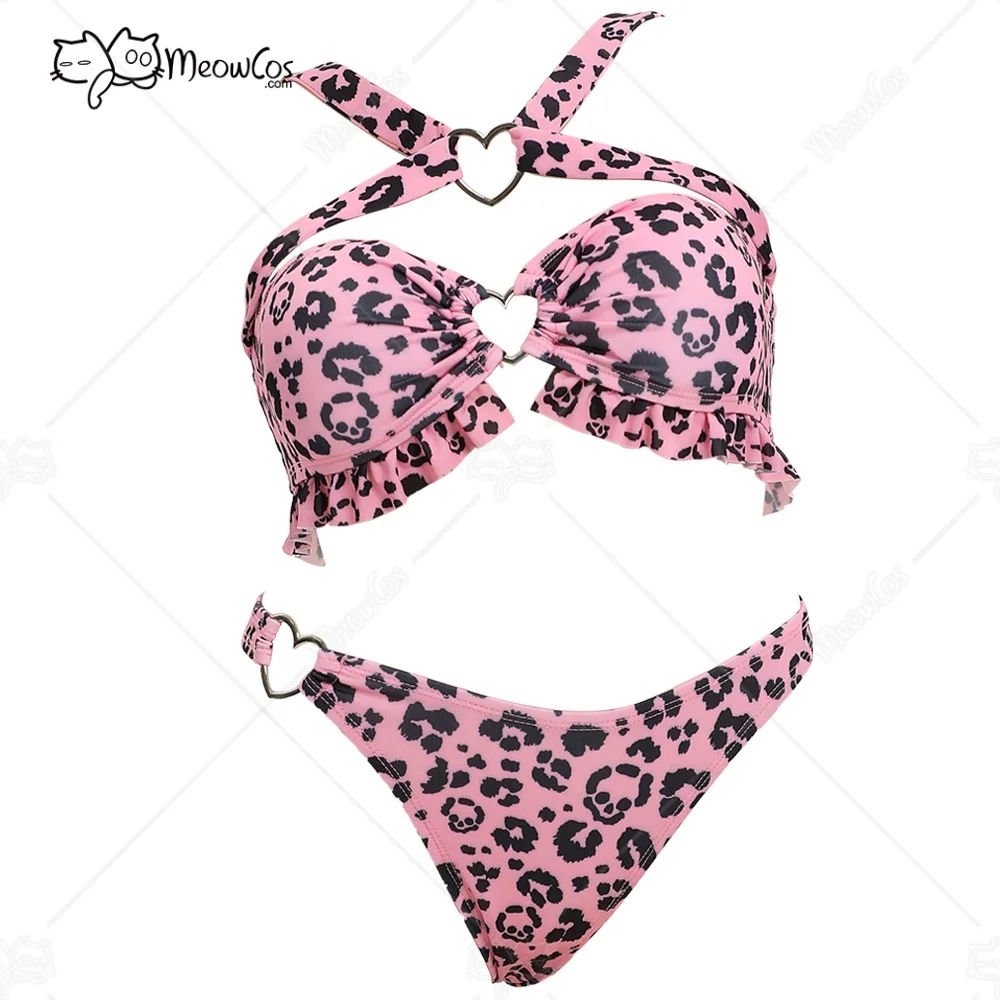 MEOWCOS Women's Bikini Sets Halter Top and Panty Bottom Unique Skull Leopard Print Two-Piece Swimsuit Pink