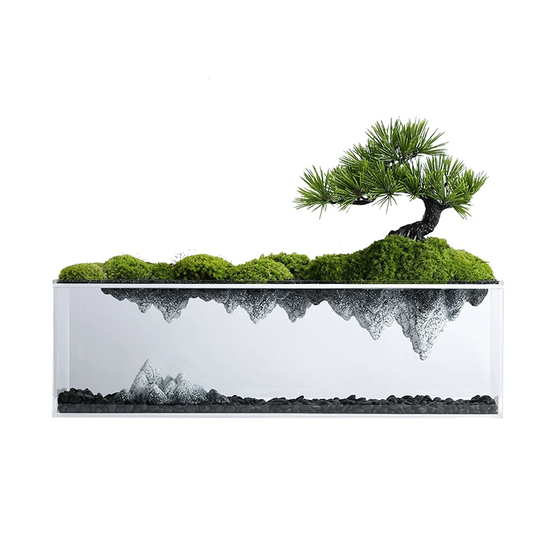 

Zen Landscape Reflection Artificial Greeting Pine Bonsai Green Plant Model Room Entrance Tea Room Study Side View Decoration