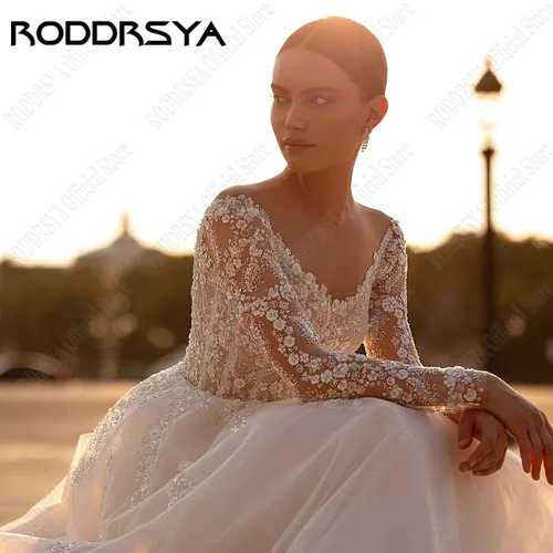 Imagen 2 del producto RODDRSYA-vestido De novia De manga larga con cuentas, traje De novia De lujo personalizado con cuello redondo, tren De barrido, estilo bohemio, 2025Roddsya vestido de novia de manga larga de lujo personalizado 2025 nov