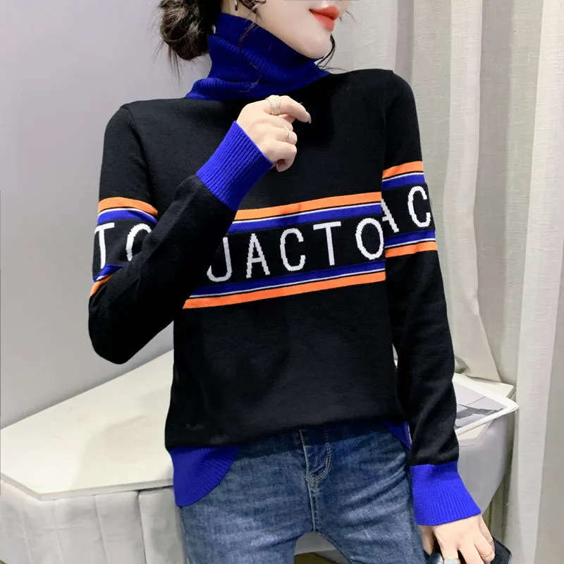 2023 NEW Autumn AND Winter Half High Collar Contrast Fashion Trend Casual Versatile Long Sleeve Letter Women's Style Sweater