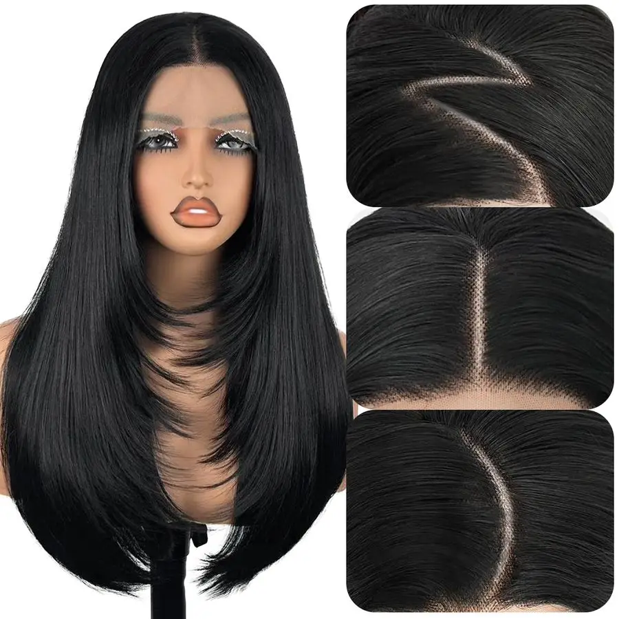 

Black Synthetic Lace Front Wig Long Straight Glueless Wigs for Women HD lace layered Pre Plucked Hairline 1B Black, 13X4