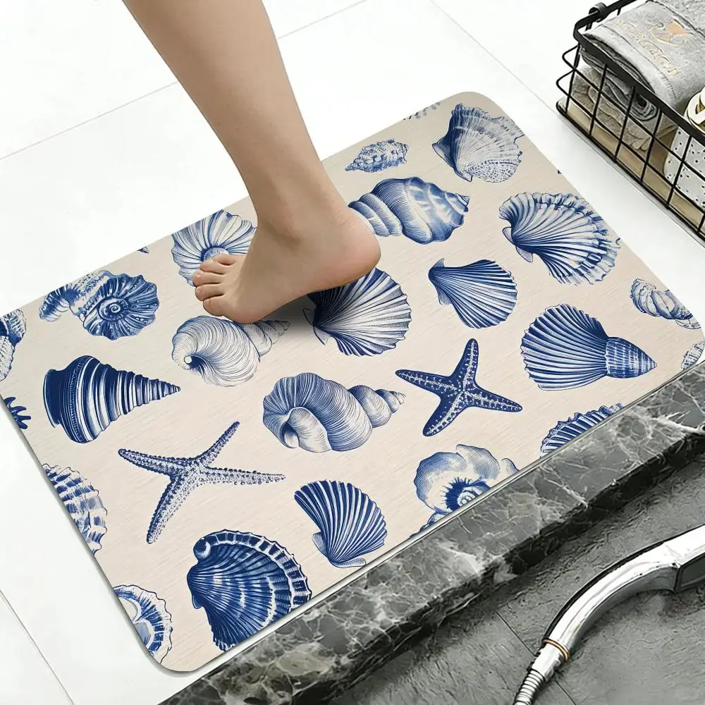 Pattern Mediterranean Shell Floor Mat Diatomite Bath Mat, Quick Dry, Absorbent, Multi-Scene Mat