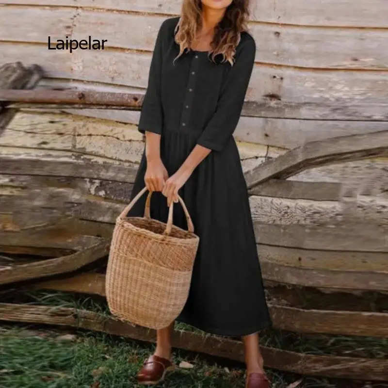 

Women Summer Cotton Linen Party Dress Women Spring Elegant O-Neck Button Long Dress New Vintage Female Solid Loose Dresses