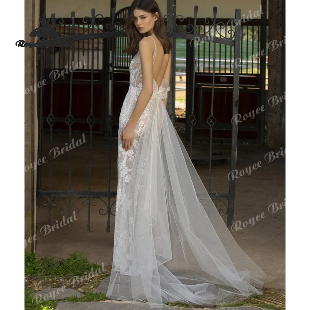 Elegant Appliques Deep V Neck Mermaid Wedding Dresses 2027 Detachable Bow Train Bridal Gown Customized vestido de novia