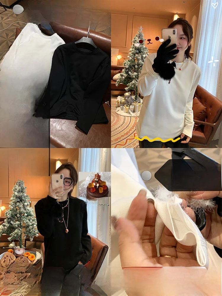 

Thiened Goose down Fce Winter Long Sve T-irt White Warm Soft Women's Loose Fit Polyester Blend Casual Commute Sle