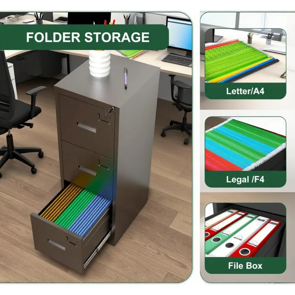 خزانة ملفات عمودية معدنية آمنة مع قفل، فتحات للبطاقات، مثالية للاستخدام المكتبي والمنزلي، تصميم نحيف للتخزين الموفر للمساحة