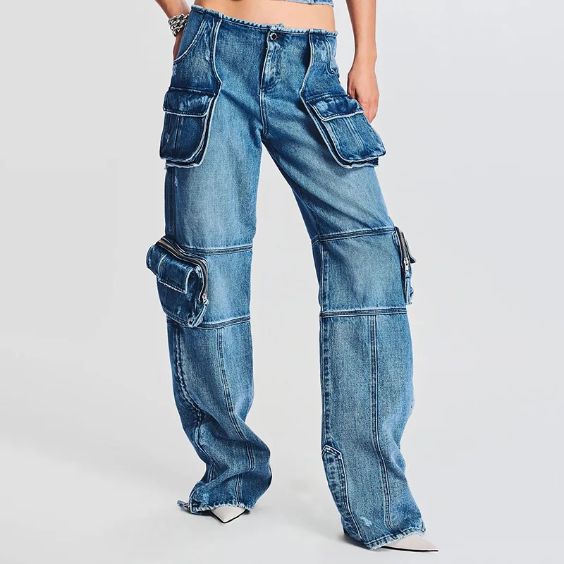 

Baggy Jeans for Women Cargo Style High-waisted Straight-leg Jeans Female Spring Denim Pants Multi-pocket Wide Leg Jeans Women