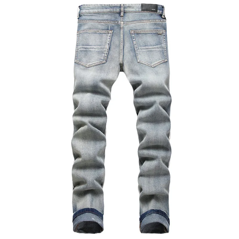 Jeans rasgado azul vintage masculino, calças stretch de ajuste fino, coqueiro, estrelas