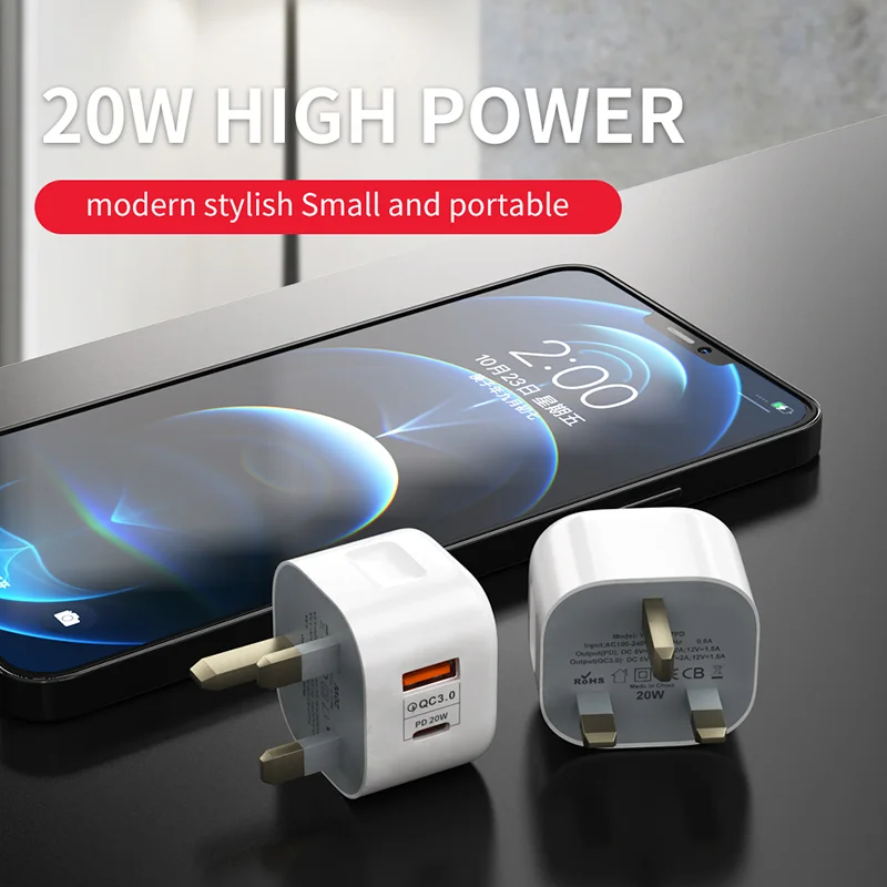حار بيع المملكة المتحدة الولايات المتحدة الاتحاد الأوروبي PD شاحن عالمي 20 واط USB C الجدار محول المزدوج ميناء شاحن الهاتف المحمول نوع-C QC3.0 OTP حماية
