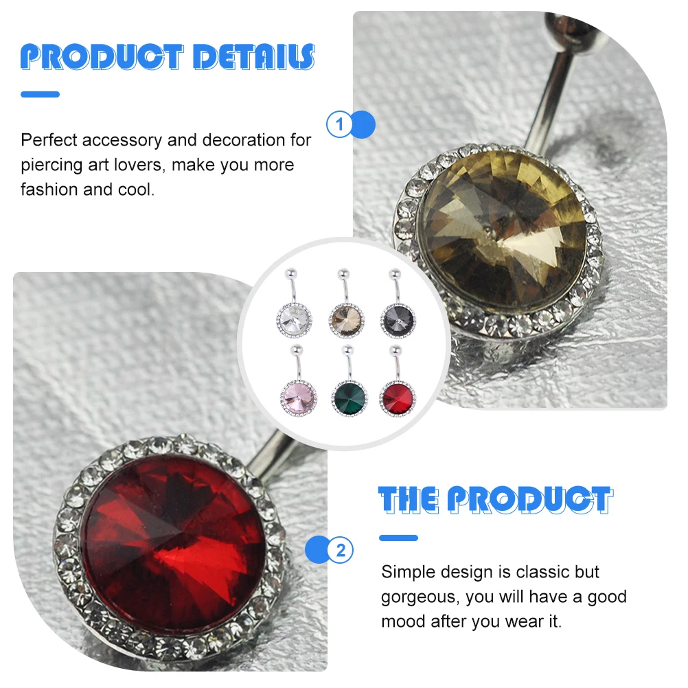 

6pcs Colorful Zircon Button Ring Copper Navel Rings Decorative Body Piercing Jewelry Festival Party Performance Rhinestone Belly