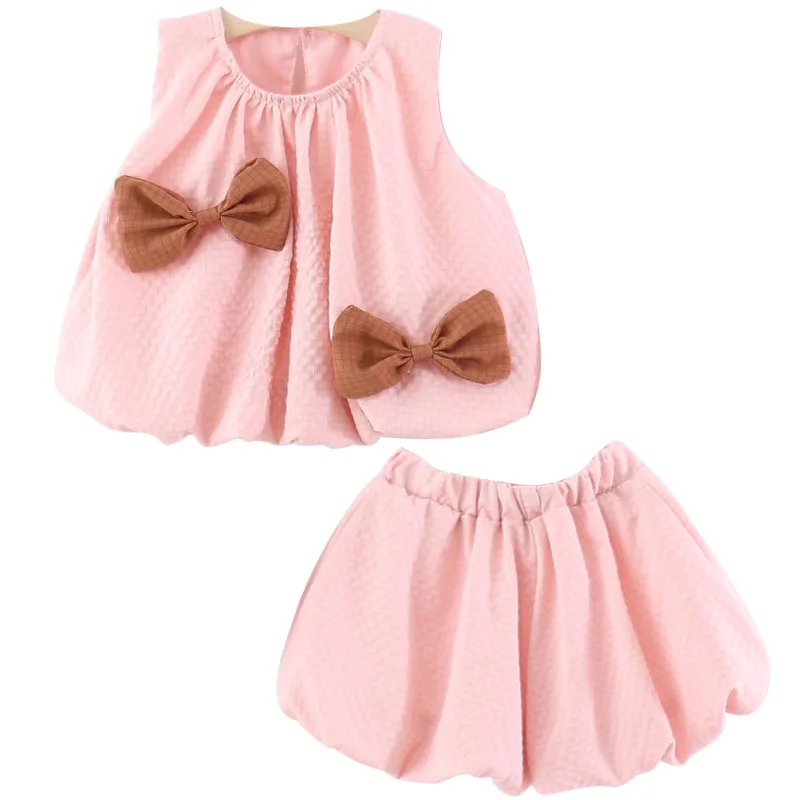 

2PCS Set Summer Little Girl Clothes Korean Fashion Pink Cute Bow Sleeveless Cotton Baby Tops+Shorts Kids Boutique Clothing B037