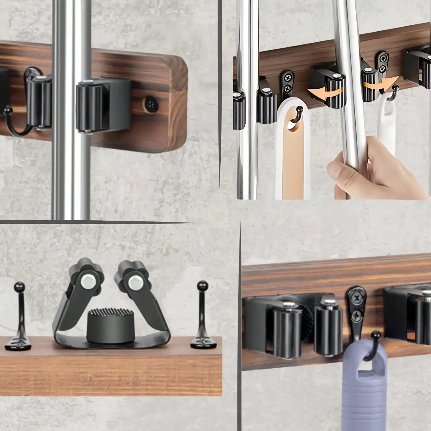Mop Broom Holder Heavy Duty Stainless Steel WOODEN Wall Mounted Tool Organizer with Hooks for Home Bathroom Kitchen Garden - view 2