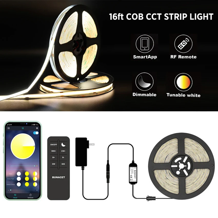 

Светодиодная лента COB CCT Bluetooth LED Strip2M 3M 5M с регулируемой яркостью 24 В 3000K~6500K CRI90+ Светодиодная лента для кухни, спальни, шкафа