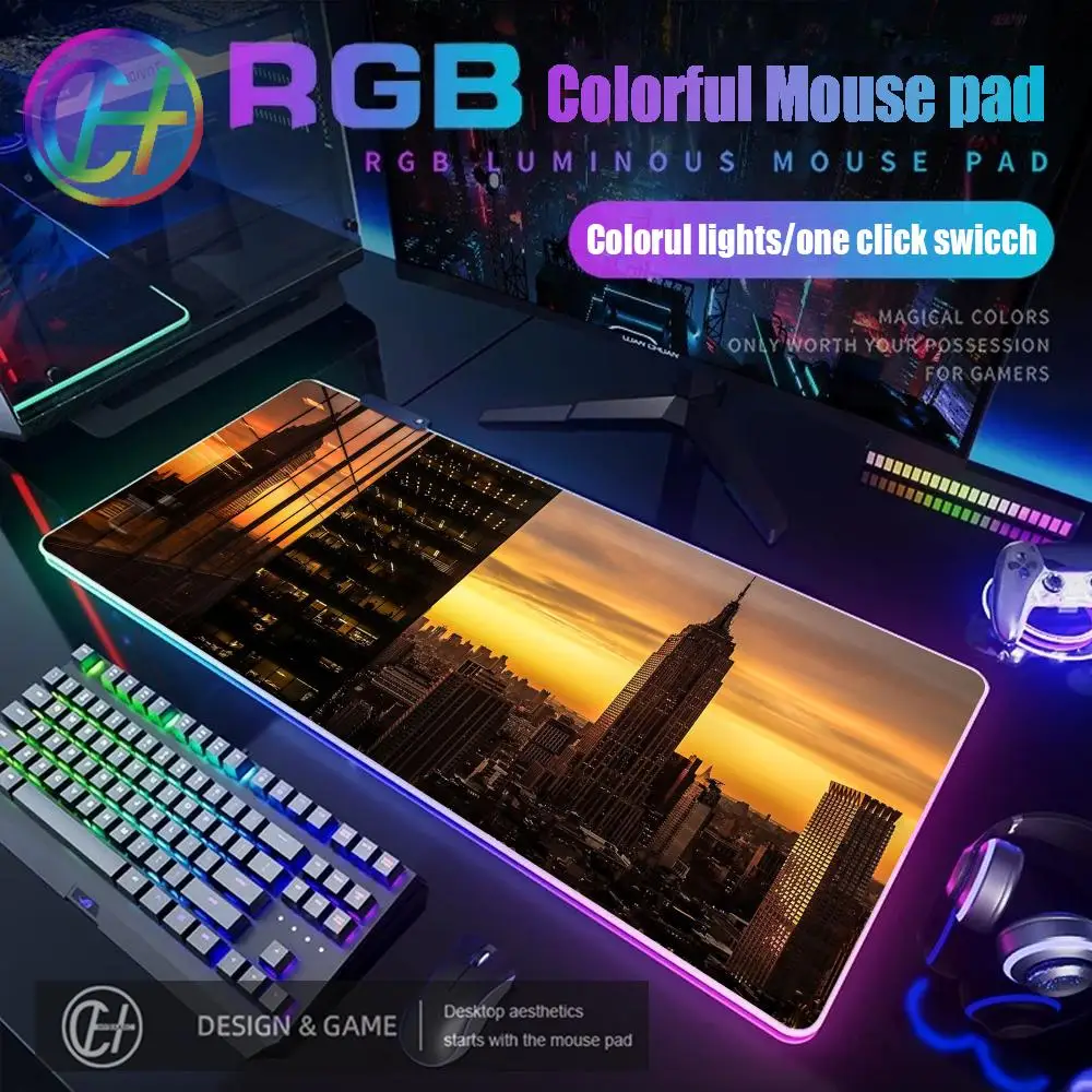 800x400x4mm HYBXAXC New York Building Aesthetic Mouse Pad RGB Gaming Mouse Pad Desk Mat HD Gamer Large LED Light XXL Desk Mat