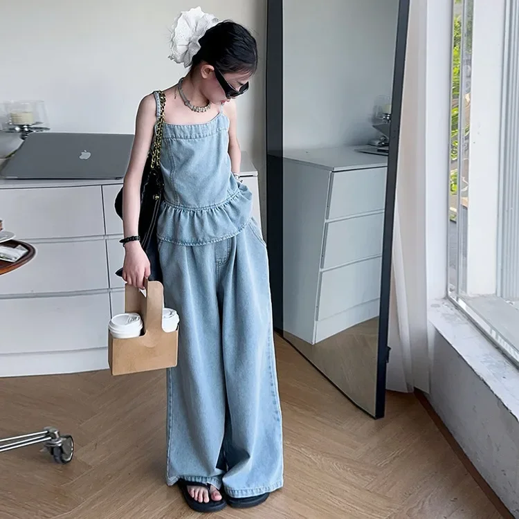 

Summer teenager Girls Cowboy Strap clothes Set Denim Ruffled vest+Wide leg jeans 2pcs junior kids pants suit child outfits 4-14