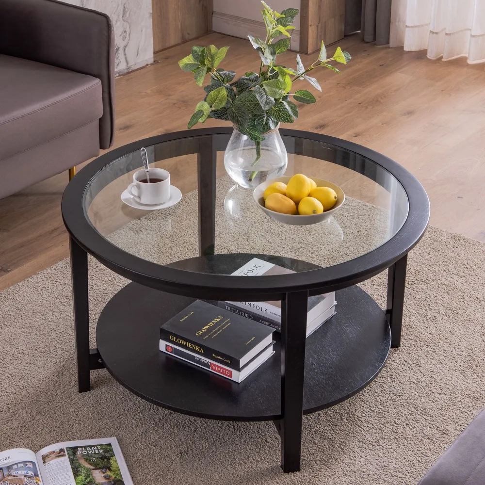 

Round glass top solid wood storage coffee table, black, Café Tables