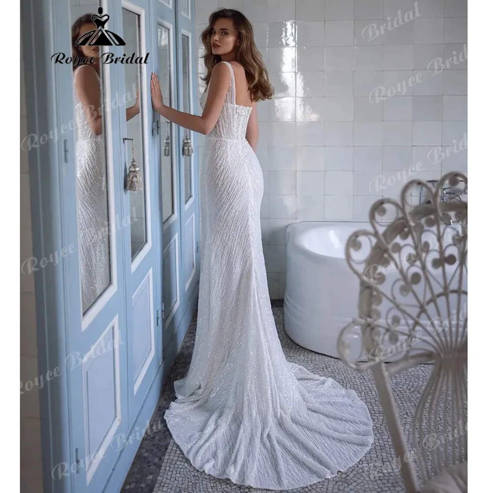 Sweetheart Thick Beaded Strap Mermaid Wedding Dress Floral Lace Bodice Sparkle Textured Tulle High Slit Bridal Gown Customized