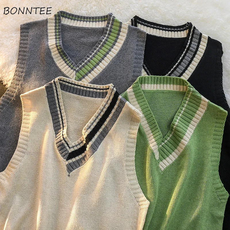 

Men Sweater Vest Patchwork Sleeveless Knitted Tops Couple Casual Preppy V-neck Loose Jumper Autumn Fashion Oversize Vests Homme