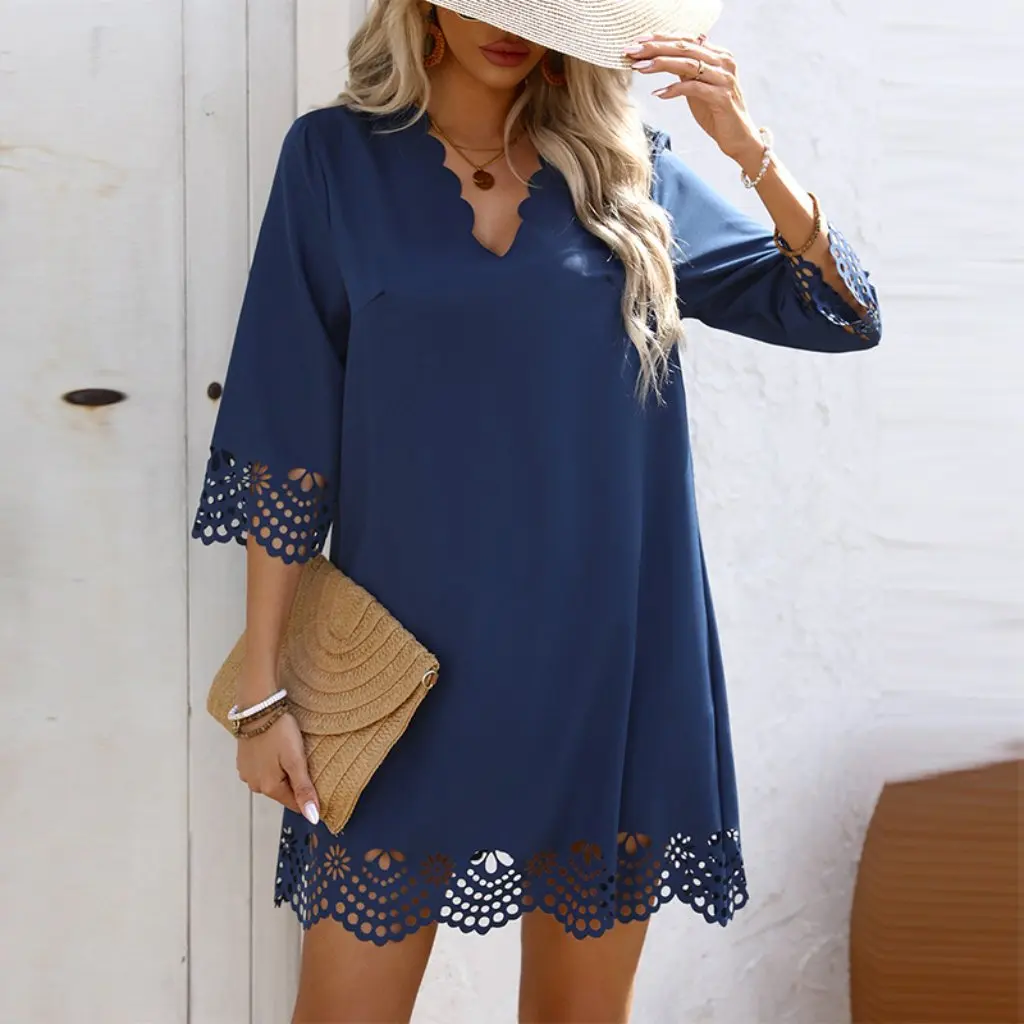 Export Damen-Kleid im europäischen und amerikanischen Stil, Frühling, Sommer, neuer Urlaub, verbrannte Blume, halbärmeliger A-Linien-Rock