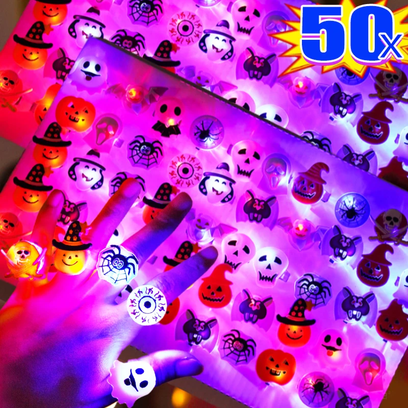 10/50Pcs Halloween Luminous Rings Creative Pumpkin Ghost Eye Ghost Pirate Spider Web Children Toys Halloween Flash Finger Rings