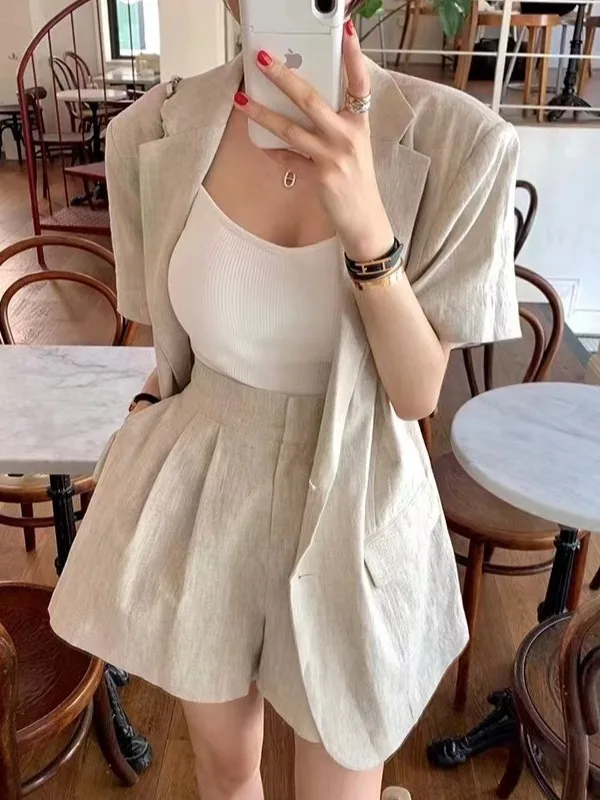 Summer Fashion Women's Retro Collar Short Sleeve Suit Jacket High Waist Slimming Casual Pants Set Two Piece Ensemble