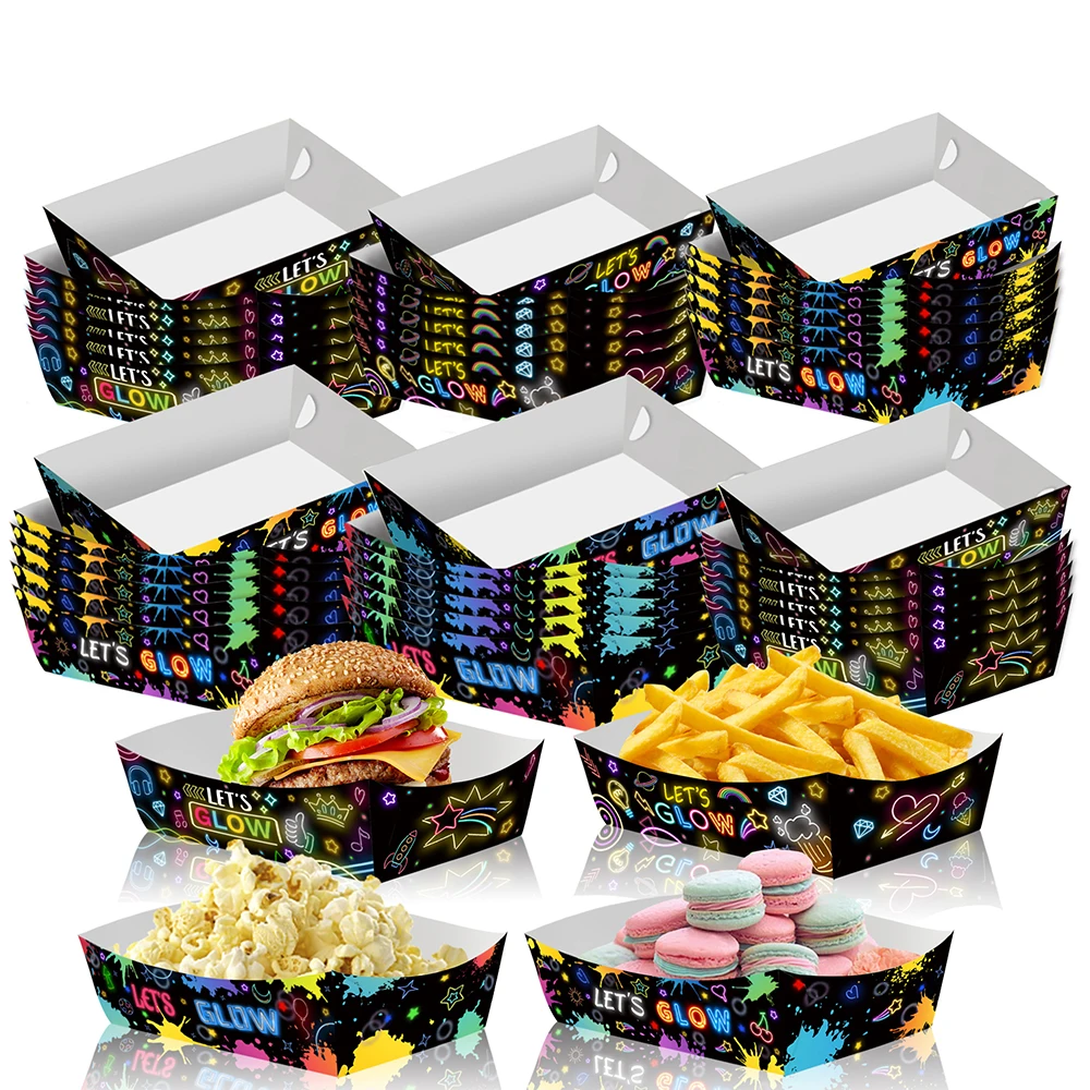 6/12/24 Stück Neon Glow Food Serviertablett Glow in Dark Papiertablett Einweg-Snackboot für bunte 80er-90er-Jahre-Geburtstagsparty-Zubehör