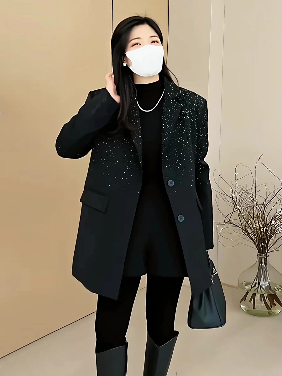 

Женский костюм Ele: пиджак на весну-осень, новинка, с декором из страз Tianxing, премиум-класса, для офиса, свободный крой, длинный рукав