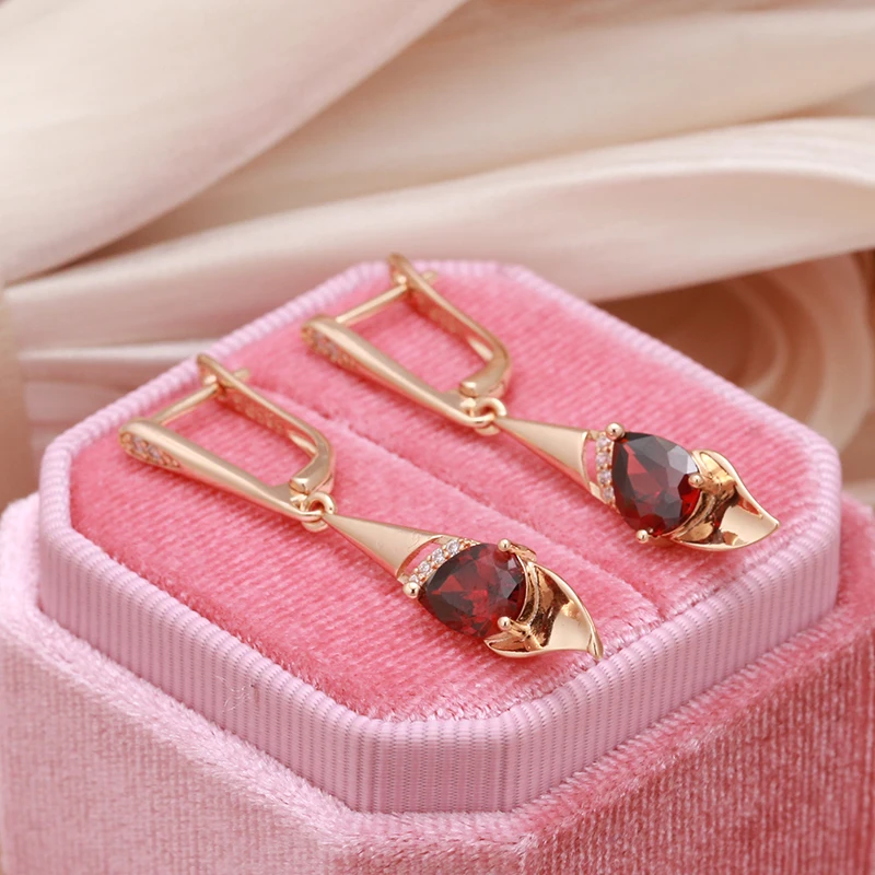 SYOUJYO Red Water Drop Natural Zircon Long Dangle Earrings For Women 585 Rose Golden Elegant Bride Wedding Fine Jewelry