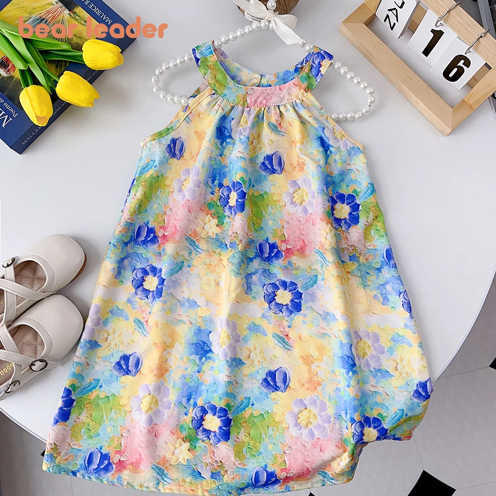 Bear Leader 2023 Girls\' Dress Summer New Children\'s Fashion Oil Painting Dress Girls Baby Flower Print Sleeveless Tank Top Dress