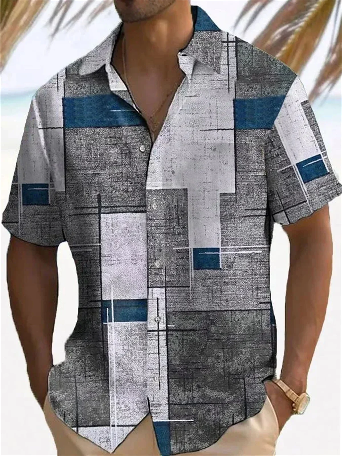 Men's Summer Linen Short-sleeved Lapel Button Shirt Men's Simple Retro Gradient Textured 3D Printed Shirt Hawaiian Shirt