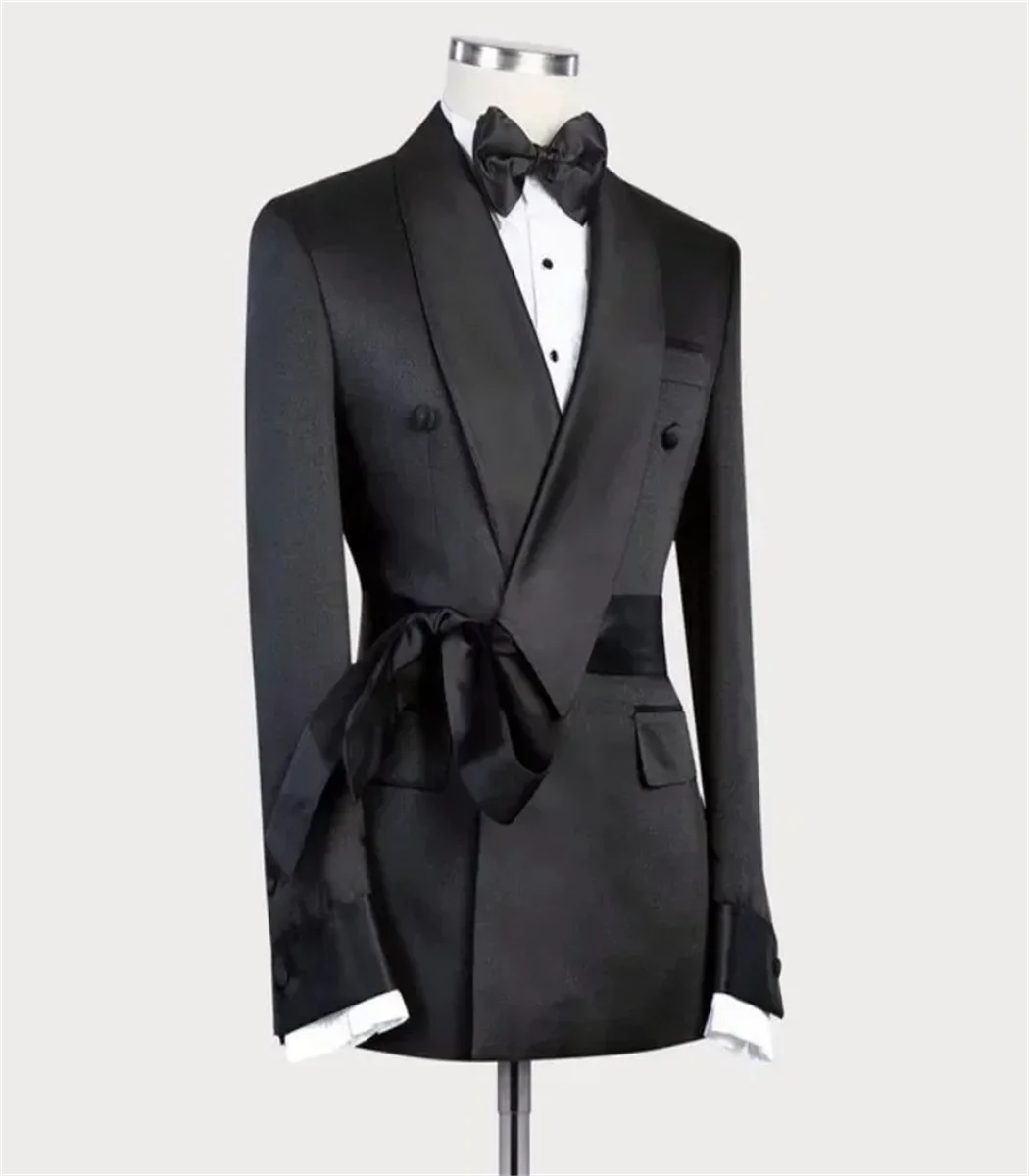 1 Pc Double Breasted Suit Jacket for Men Wedding Shawl Lapel Slim Fit Groom Blazer with Belt Fashion Coat