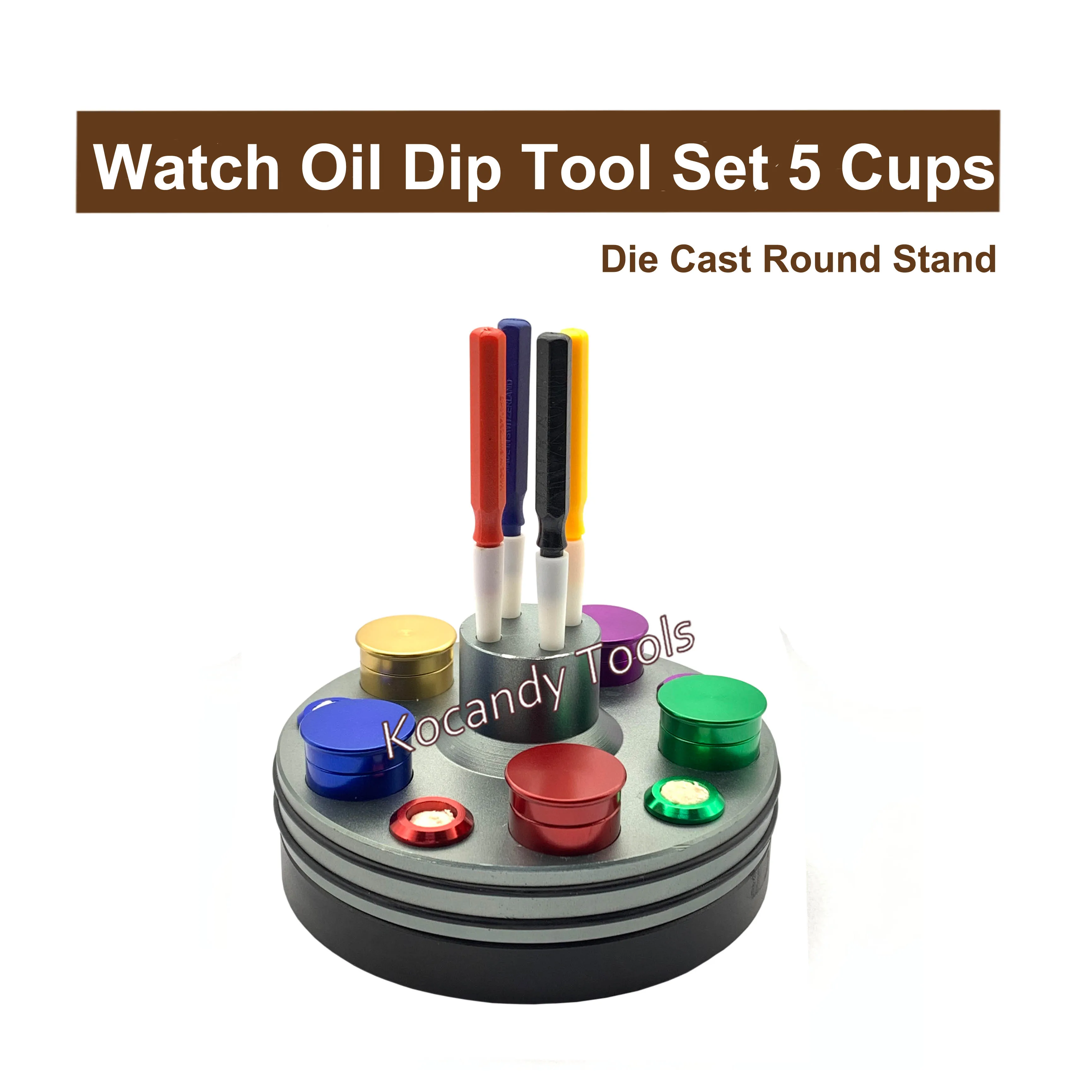 

Professional Watch Oil Dip Tool Set Rotatable Die Cast Stand Base 5 Oil Cups For Watch Repairing