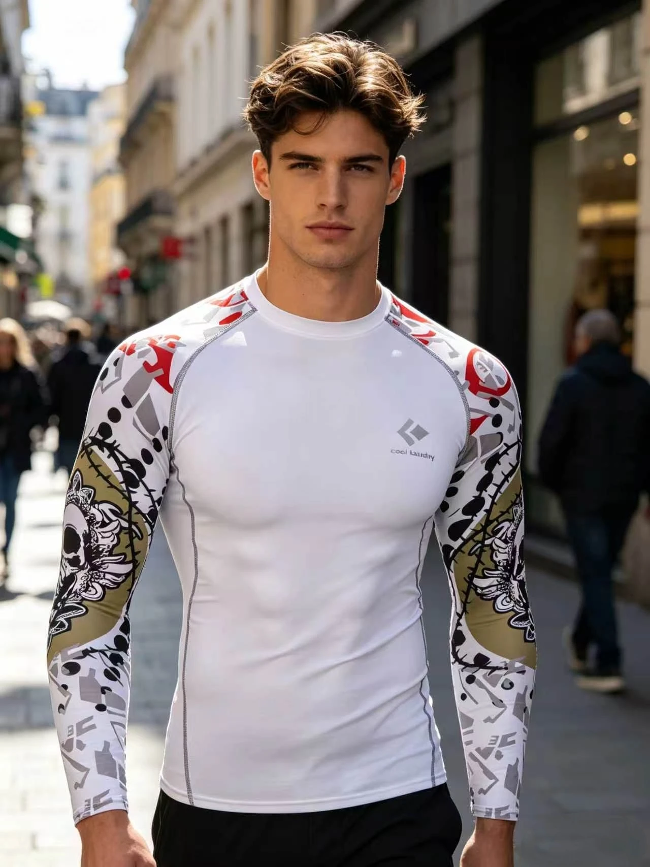 Men's Long Sleeve Solid Torso Printed Sleeve Compression Top Sublimation Anti-Pilling BJJ MMA Combat Outdoor Fitness Rashguard