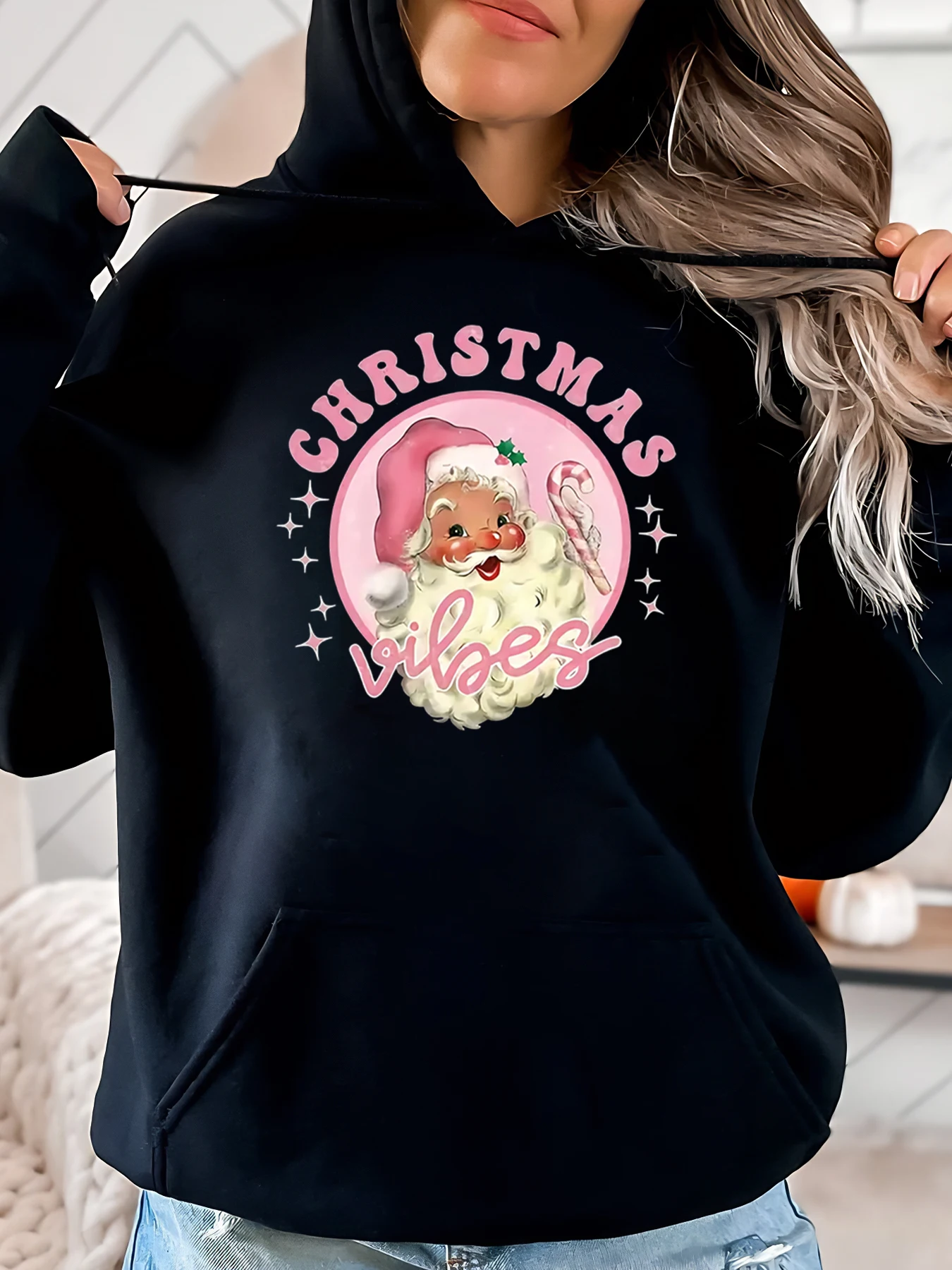 Christmas Vibes Santa Print Hoodie Urlaub Damen Freizeitkleidung Schwarz Plus-Size
